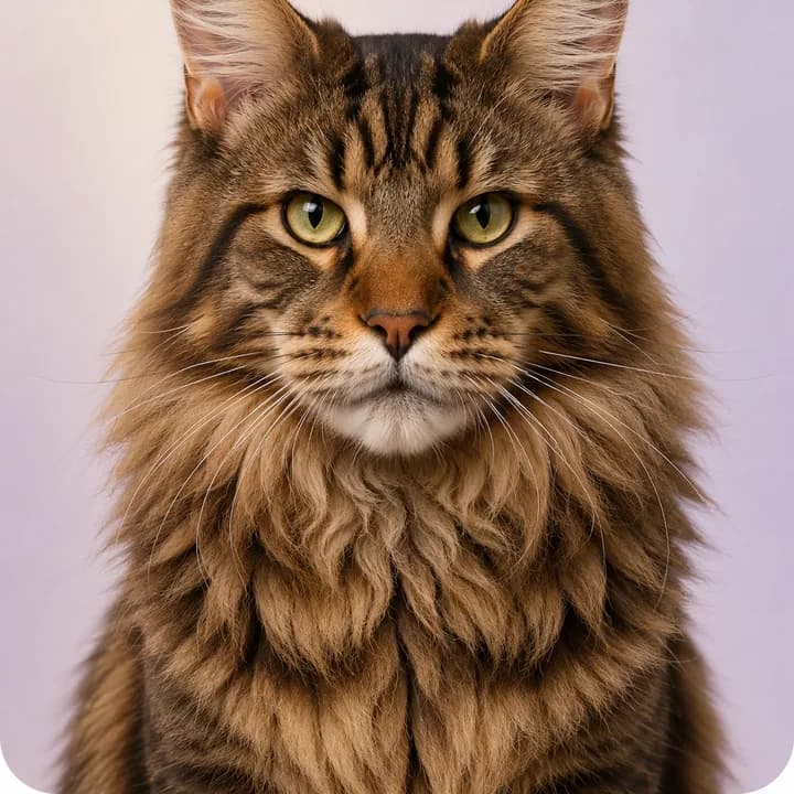 Maine-Coon-Katze steht entspannt auf einem Tisch bei einer ruhigen Untersuchung