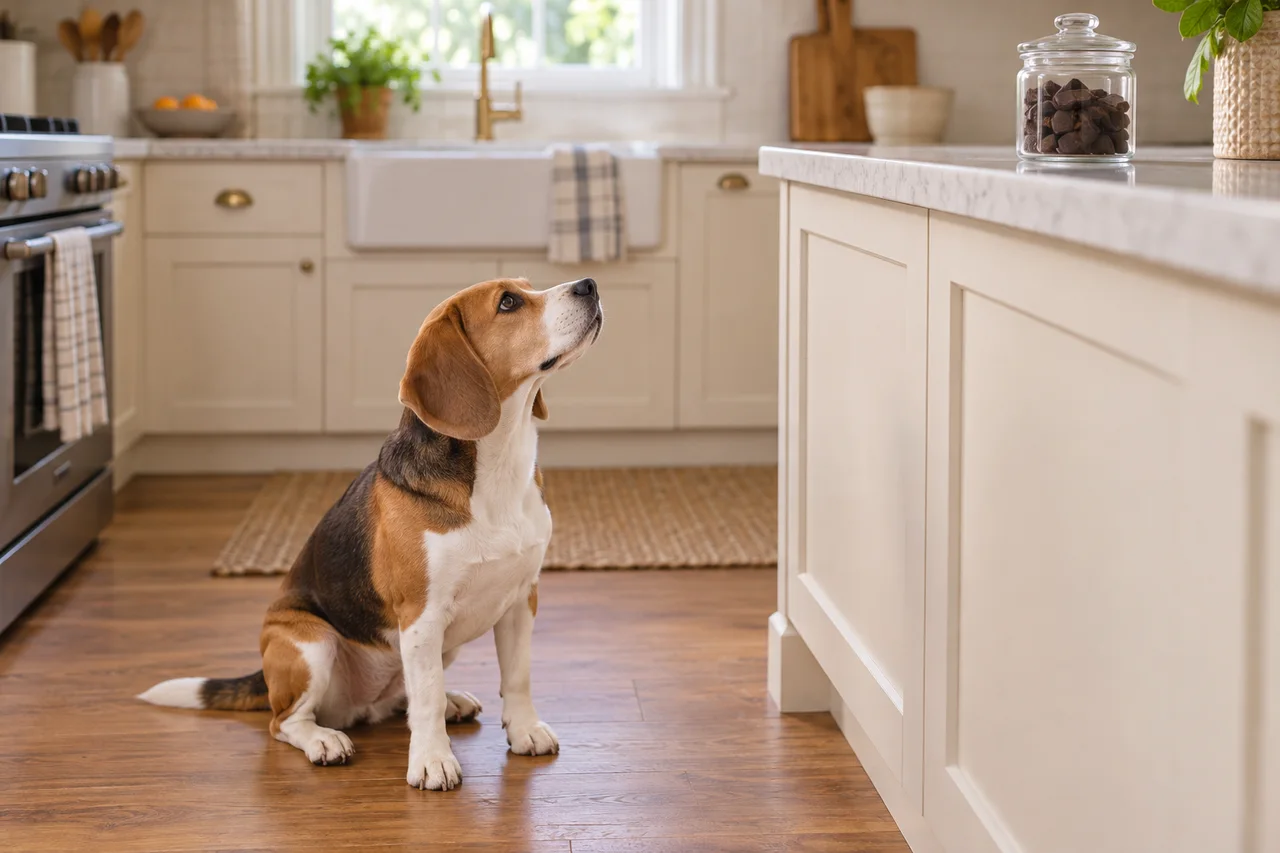 Beagle in einer Küche mit sicher verschlossen aufbewahrter Schokolade im Hintergrund