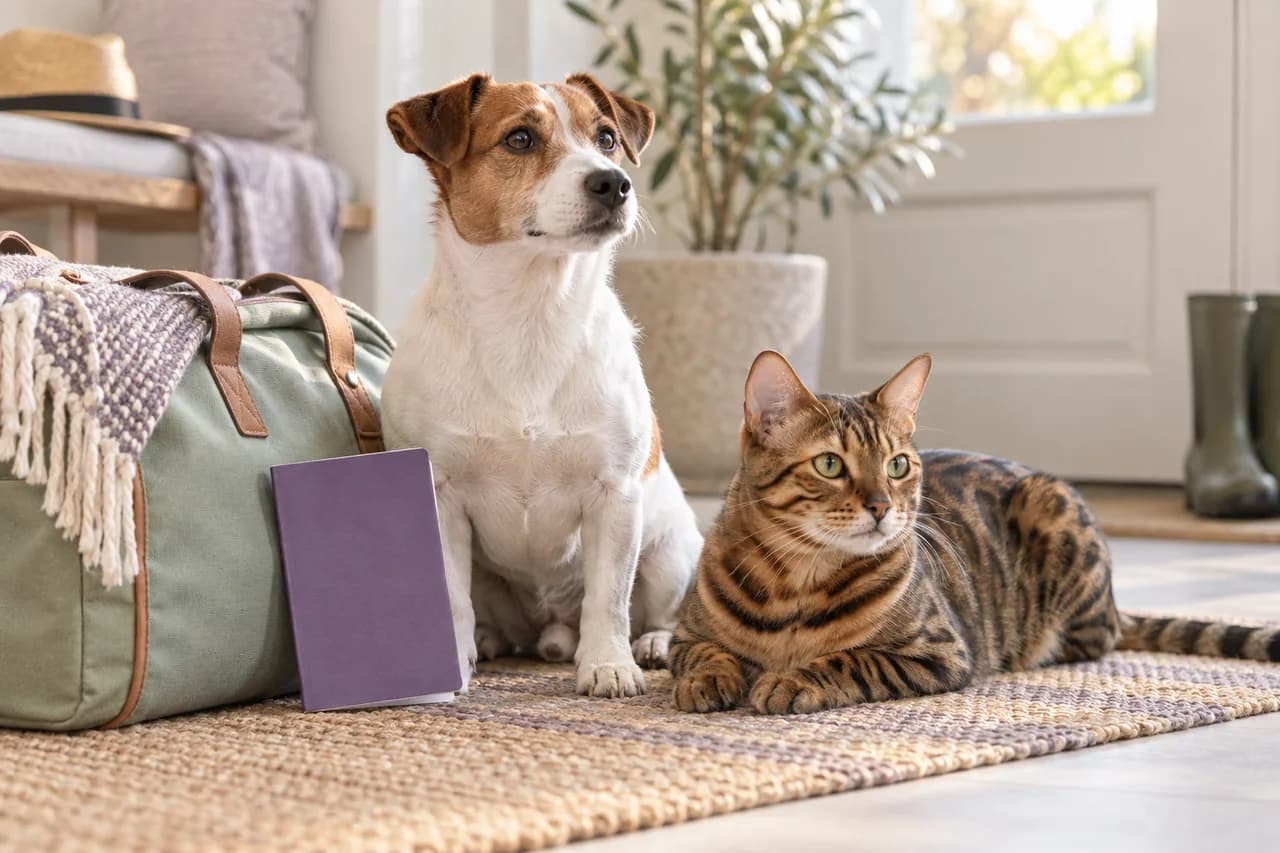 Jack Russell Terrier und Bengalkatze neben Reiseunterlagen und einem EU-Heimtierausweis