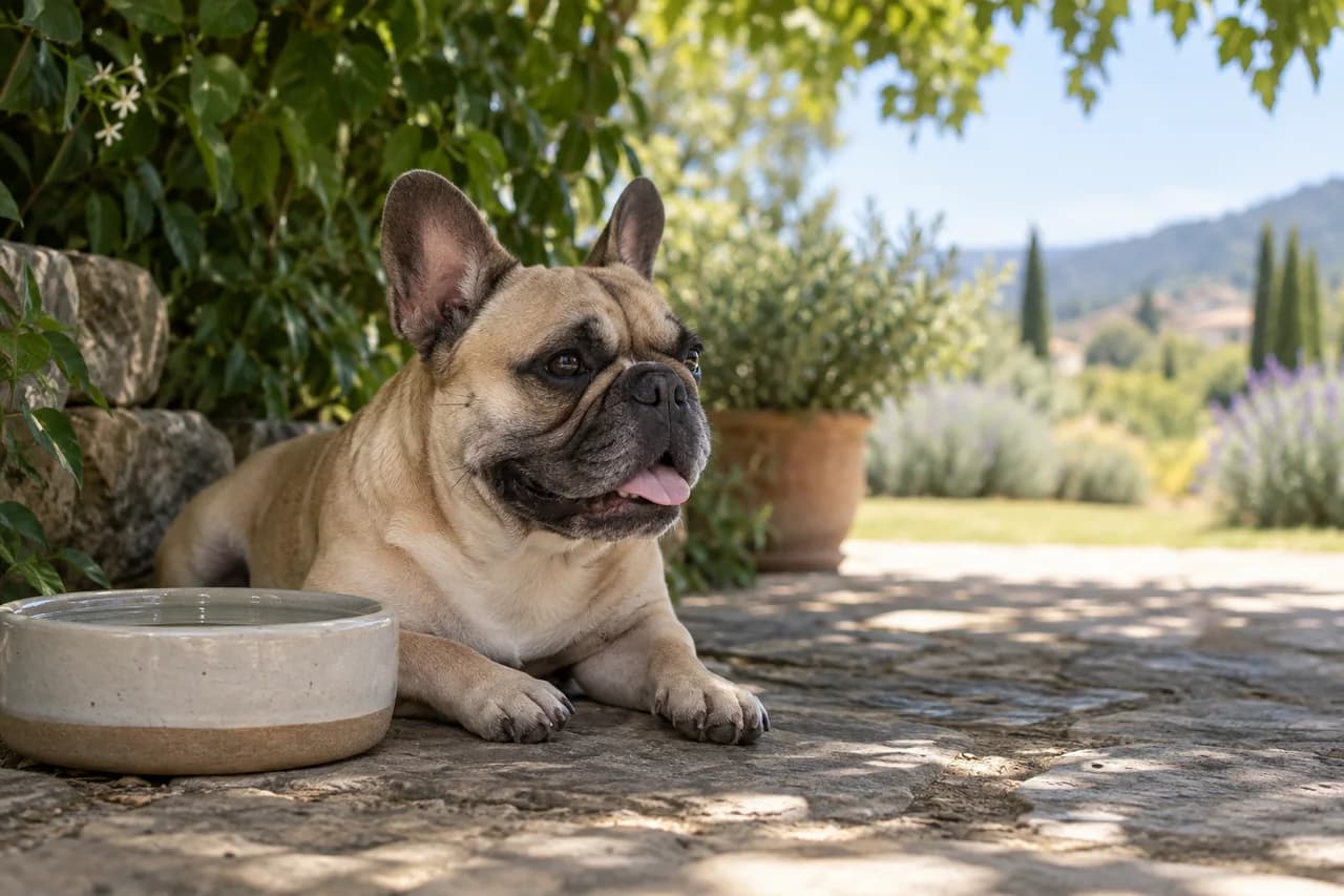 Französische Bulldogge ruht im Schatten neben einer Schale mit Wasser