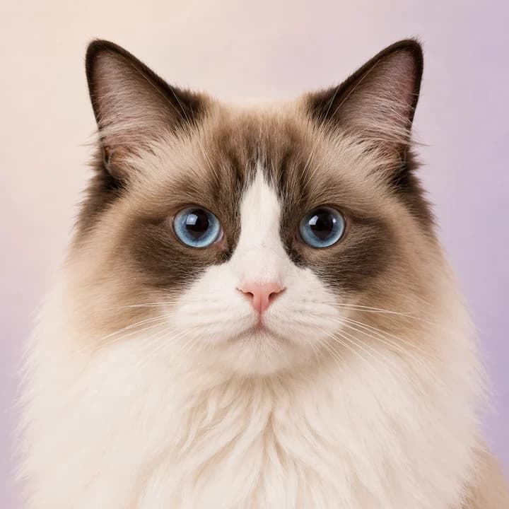 Ragdoll-Katze sitzt neben einem Napf in einer hellen Küche