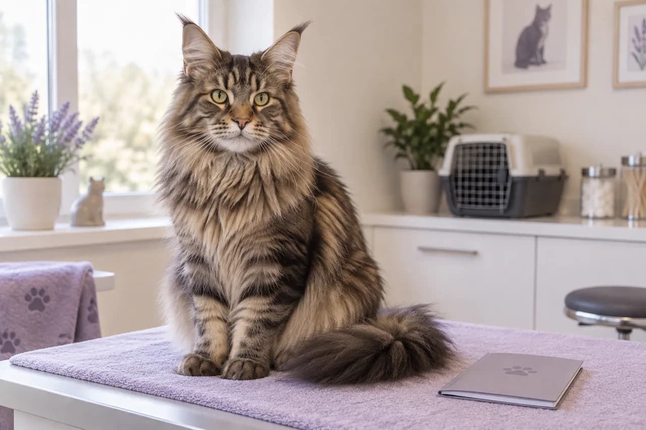 Maine-Coon-Katze bei einer ruhigen Untersuchung in einer Tierarztpraxis