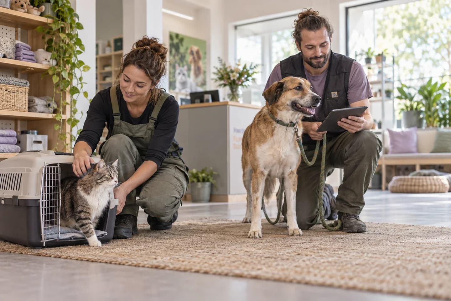 Tierschutzteam dokumentiert die ruhige Aufnahme von Hund und Katze